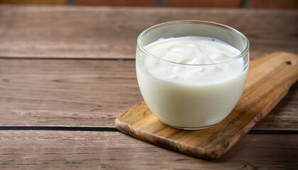 Kefir, buttermilk or yogurt in glass on wooden desk