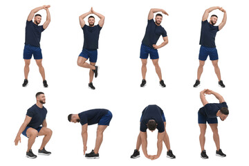 Young man doing morning exercises on white background, collage design