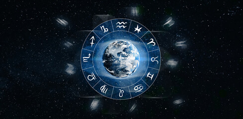 Zodiac wheel with astrological signs around Earth in open space, illustration
