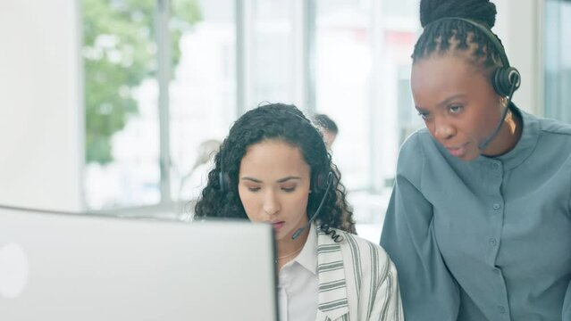 Call center, training and business women on computer, technical support or advice, helping and IT solution. Professional consultant, manager or people for information technology software and feedback