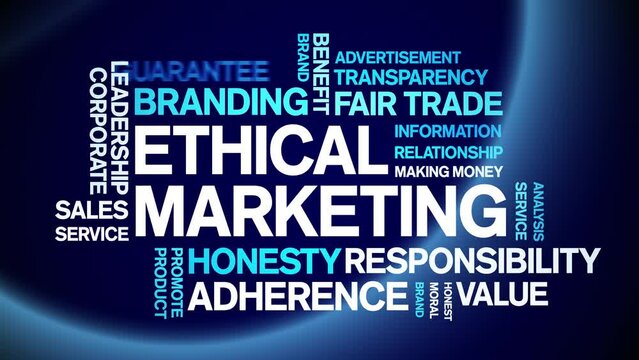 Ethical Marketing animated tag word cloud;text design animation kinetic typography seamless loop.