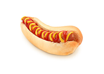 Yummy hot dog with ketchup and mustard isolated on white