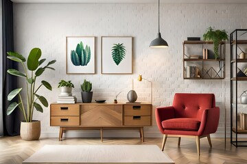 Retro composition of living room interior with mock up poster maps, wooden shelves, books, armchair, plants, cactus, vinyl recorder, personal decorations. 3d rendering. Template