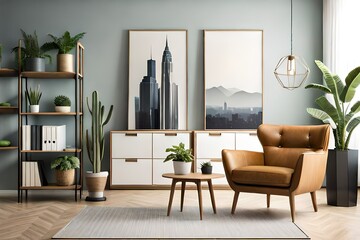 Retro composition of living room interior with mock up poster maps, wooden shelves, books, armchair, plants, cactus, vinyl recorder, personal decorations and accessories in stylish home decor.