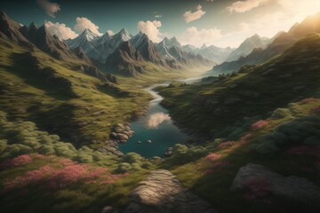 Beautiful fantasy landscape with a river in the mountains. ai generative