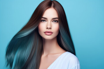 Naklejka premium Beautiful woman with long straight flowing hair on blue background Generative AI
