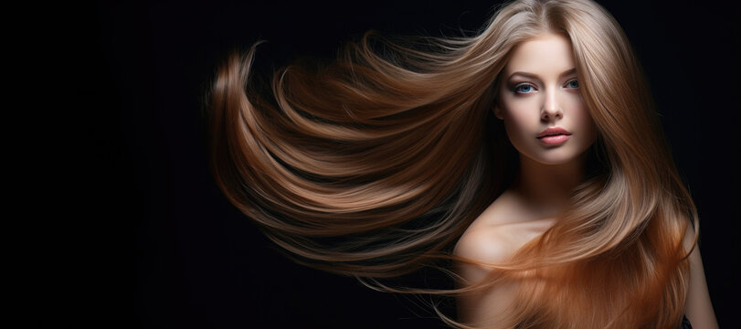 Beautiful woman with long straight hair on black background Generative AI