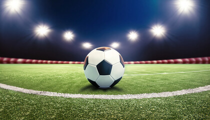 Football ball on an illuminated empty sports field at night