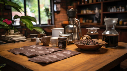 Fototapeta na wymiar A Cozy Hacienda's Tranquil Coffee Tasting Session: Where the Aroma and Flavor of Beans Create a Serene Atmosphere 