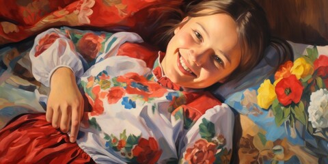 illustration of cute girl is laying on a bed and smiling, oil pianiting, generative AI