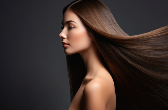 Beautiful woman with long straight hair on black background Generative AI