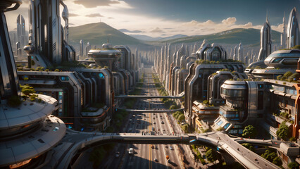 Fototapeta premium Futuristic city good natural environment natural energy solar wind blue sky 