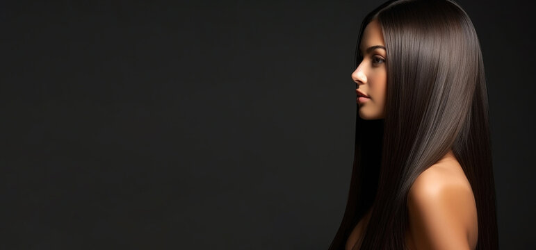 Beautiful woman with long straight hair on black background Generative AI
