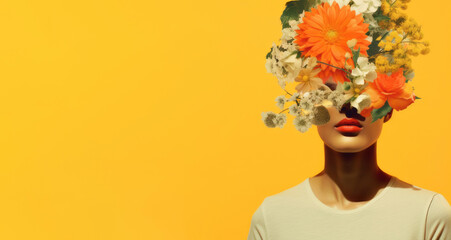 Conceptual poster, card, with portrait of young woman with flowers. Romantic, Beauty, Make up industry, Fashion design concept. AI generated digital design. Copy space. 