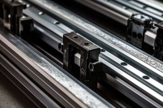 A close-up of a set of linear guide rails demonstrates the precision with which they were built and the ease with which they move