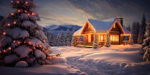 Beautiful House in the snow decorated with lights and ornaments for Christmas night celebration.