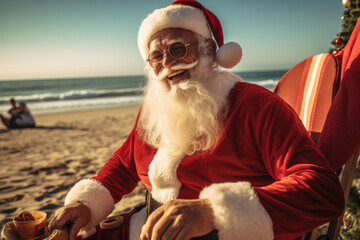 Fun Santa Claus on vacation enjoying beach and sun in summer with styrofoam, barbecue and surfboard.