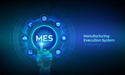 MES. Manufacturing execution system technology concept on virtual screen. Automation Software. Innovation, improving productivity. Wireframe hand touching digital interface. Vector illustration. - obrazy, fototapety, plakaty