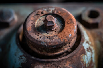 An image that shows the texture and flaws of the metal surface in close-up detail of a rusty valve on an old storage tank