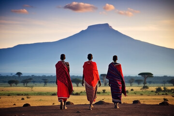 Portrait of a Maasai women with traditional jewelry walking towards mount Kilimanjaro  - obrazy, fototapety, plakaty