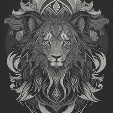 Desain t-shirt yang terinspirasi oleh seni suku, menampilkan binatang roh dengan detail rumit seperti singa. Created using Ai generative