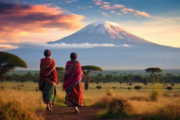 Portrait of a Maasai women with traditional jewelry walking towards mount Kilimanjaro  - obrazy, fototapety, plakaty