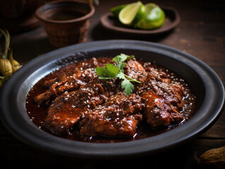 Mexico, Savoring Authentic Oaxacan Flavors: A Visit to a Rustic Countryside Taquería in Oaxaca, Where Rich Mole Sauce and Tender Chicken Combine, Adorned with Sesame Seeds.

