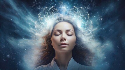Illustration of woman sleeping and dreaming. Psychic girl considers mind and heart, spirituality, esotericism. Psychic waves concept, Generative AI illustration