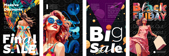 Black Friday promotion art poster set. Fashionable beautiful woman in shopping mall. Sale and discounts bright colors placard with advertising text. Creative typography print template. Vector banner