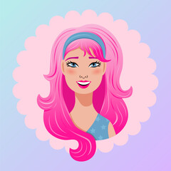 Pretty cartoon girl with pink hair. Vector illustration.