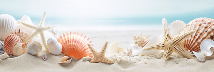Obraz na płótnie Canvas beautiful background with seashells and sea graves on the beach sand. Generative Ai. 