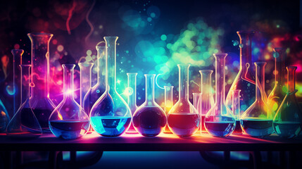 beautiful abstract background in a chemical laboratory with flasks and test tubes in neon lighting. Generative Ai. 