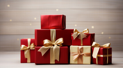 red gift boxes with gold ribbon. Generative Ai. 