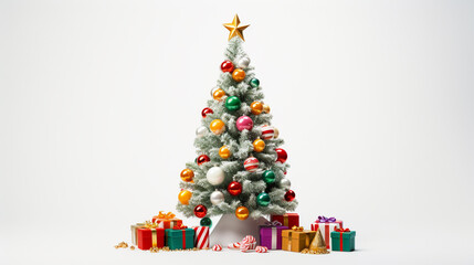 beautifully decorated Christmas tree with gifts on a white background. Generative Ai. 