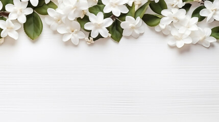 white spring flowers on white wooden background with empty space to insert. Generative Ai. 