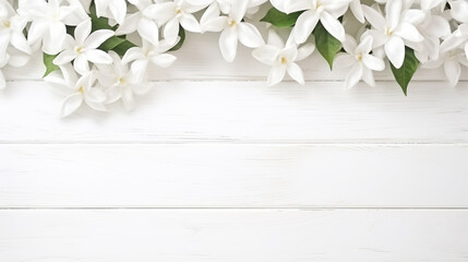 white spring flowers on wooden background with empty space to insert. Generative Ai. 
