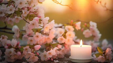 blooming sakura with a candle at sunset. Generative Ai. 