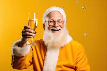 Elderly Santa Claus in a yellow suit toasting with a beer mug in a studio on a yellow background. Merry Christmas
