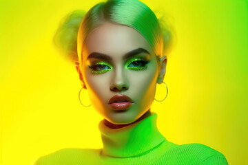 Beautiful young woman with fashion colorful make up in yellow green neon light - obrazy, fototapety, plakaty