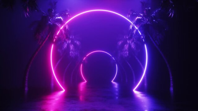 Tunnel of Neon Glowing Frames and Palms