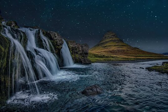 Waterfall In The Mountains Lake Nature Starry Night Sky Shooting Stars Rippling Water Travel Vacation
