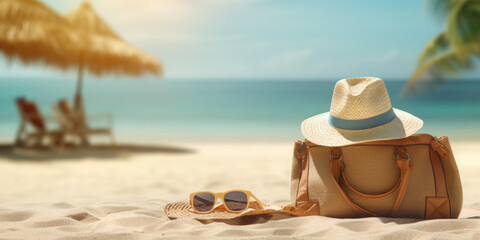 Fototapeta na wymiar Stylish Beach Essentials: A Photo-Realistic Collection Featuring Bag, Sandals, Sunglasses, Straw Hat, and UV Cream 