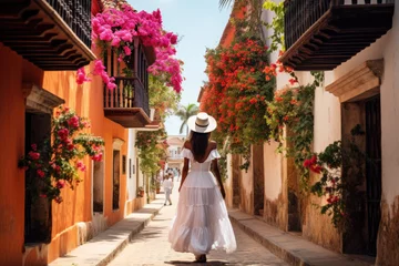 Foto op Canvas Woman Embracing the Charm of Colombia in a Colorful Dress. Joyful Cultural Discovery. Cultural Fusion in Cartagena. Cultural Harmony Concept © Mr. Bolota