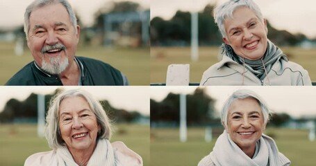 Collage, sports field and portrait of senior people faces as fans at a match and happy for competition and confident. Happiness, smile and positive elderly group laughing at outdoor on retirement