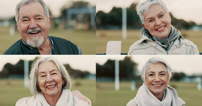 Collage, sports field and portrait of senior people faces as fans at a match and happy for competition and confident. Happiness, smile and positive elderly group laughing at outdoor on retirement