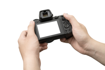 hands holding mirrorless camera on transparent background for checkking picture or take a photo. clipping path