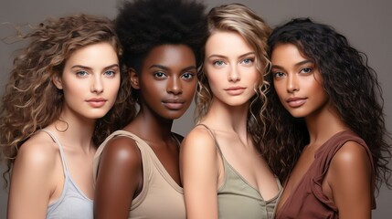 Obraz premium Portrait of beautiful women of different races smiling and happy on studio background