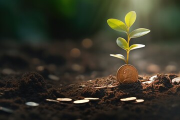Plant growing over coin on dirt floor, finance and investment concept, Generative AI - obrazy, fototapety, plakaty
