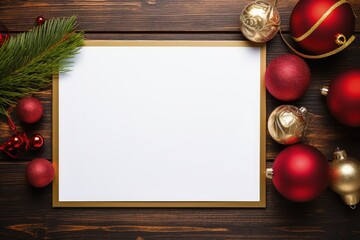 White paper on wooden table with christmas decoration with fir branches and decorative balls, Generative AI