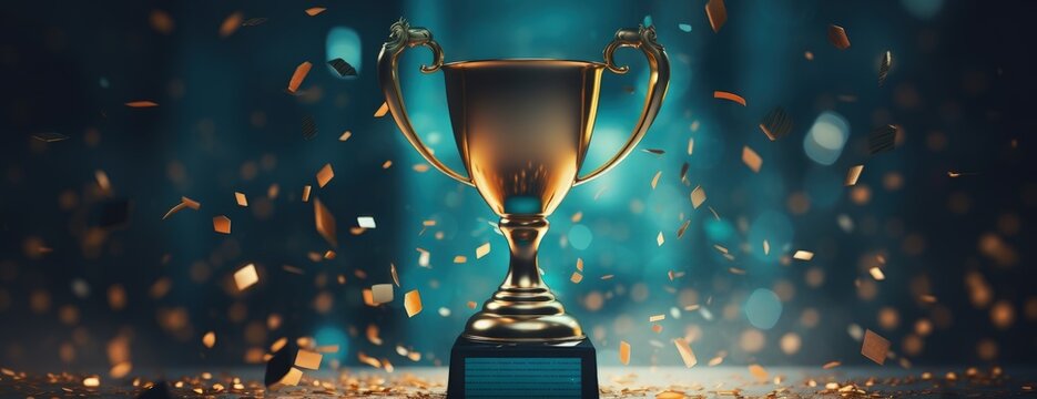Gold trophy on blue background with golden confetti, trophy cup on blurred background, Generative AI